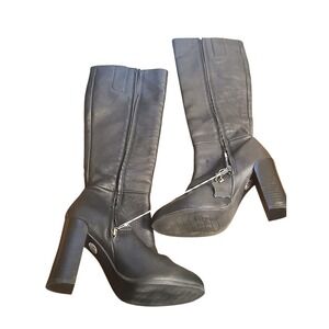 Black Kenneth Cole Leather Knee High Boots Block Heel Modern PRO Chic Size 6.5